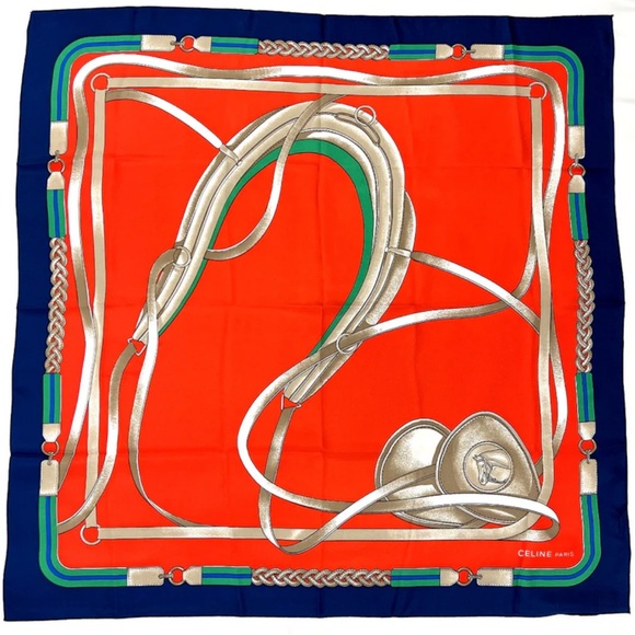 Celine Accessories - EUC Celine Silk Scarf in Red, Blue, Green, and Silver-Bronze
